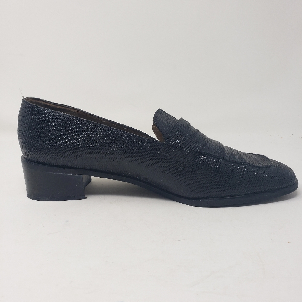 Stuart Weitzman Embellished Textured Patent Leather Heel Loafers